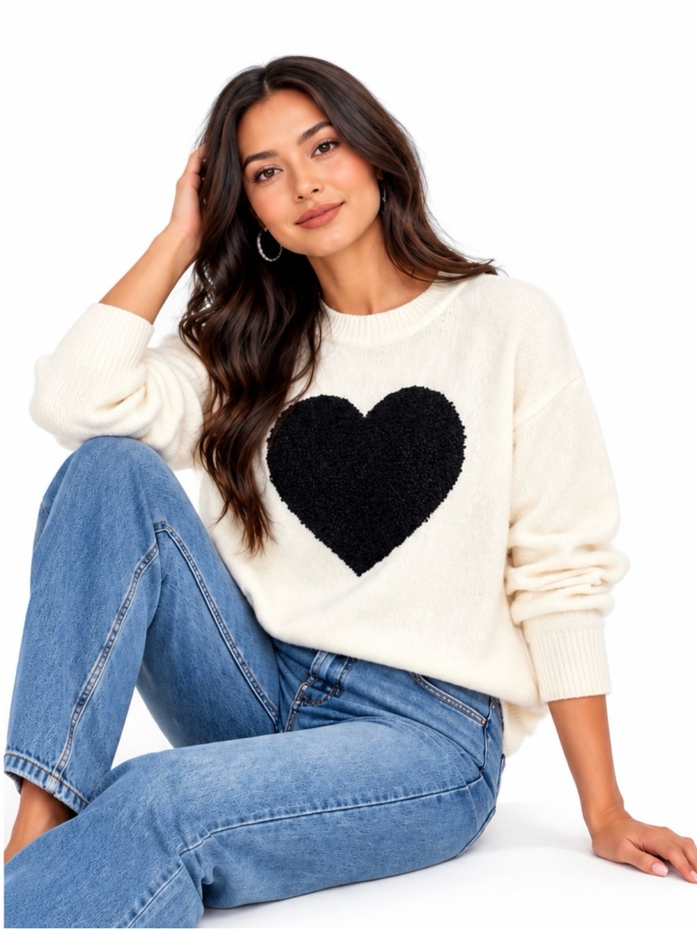 Francesca’s Crewneck Fuzzy Heart Sweater in Ivory and Black Knit Sweater Cozy